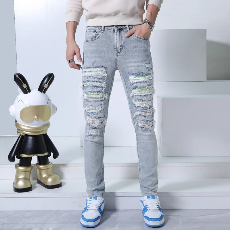 Trendy Versatile Ripped Pants Mens Jeans Fashion Street Korean Style Tight Stretch Soft and Comfortable Casual Pants 240821