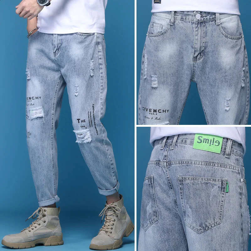 Ripped Jeans Mens Summer Thin Trendy Retro Washed Distressed Loose Elastic Versatile Light Blue Denim Pants 240821