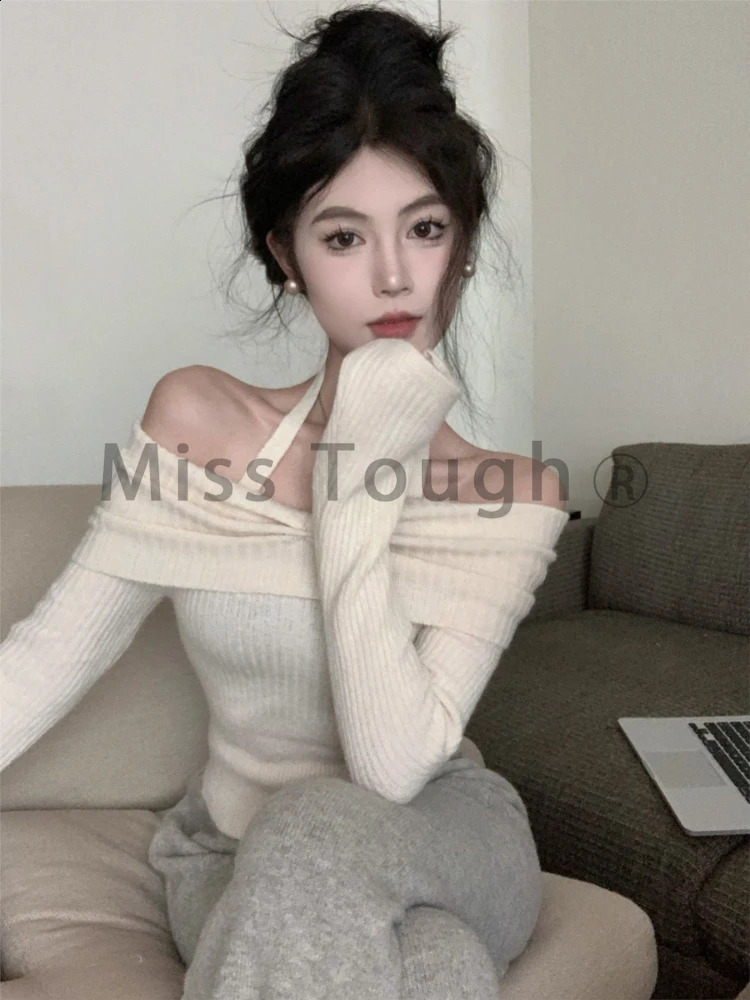 Winter Y2k retro knitted floral womens slanted neck elegant and sexy chic sweater fashionable pure thin casual top 240821