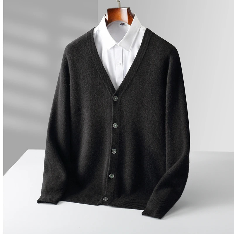 autumn and winter mens 100% pure wool knit cardigan V-neck loose business casual sweater coat 240821
