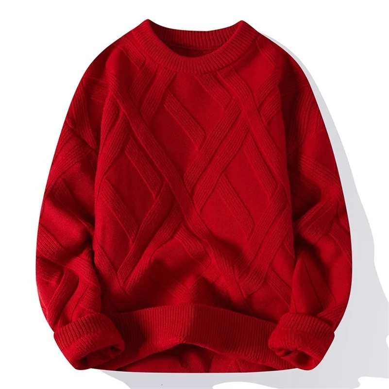 Autumn Winter Mens Sweater Casual Loose-fit Red Knitted Pullover Round Neck Base Layer Thickened Trendy Top For Men 240821