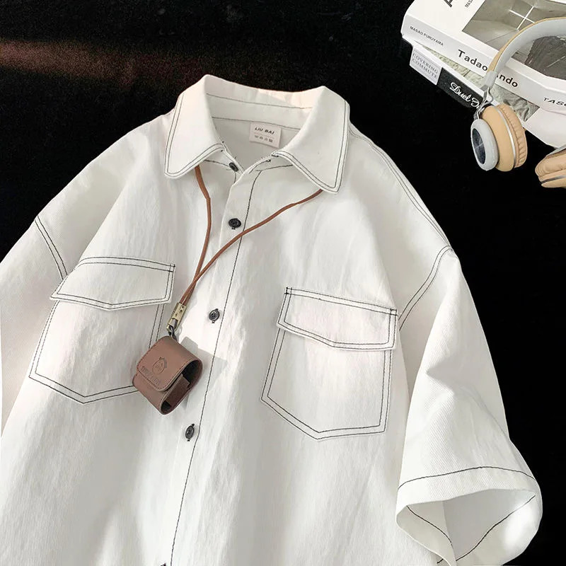 Japanese Vintage Short Sleeve Shirts for Men 2024 Pocket Printed Fashion Polo Neck Button Casual Men Clothing Tops 240821