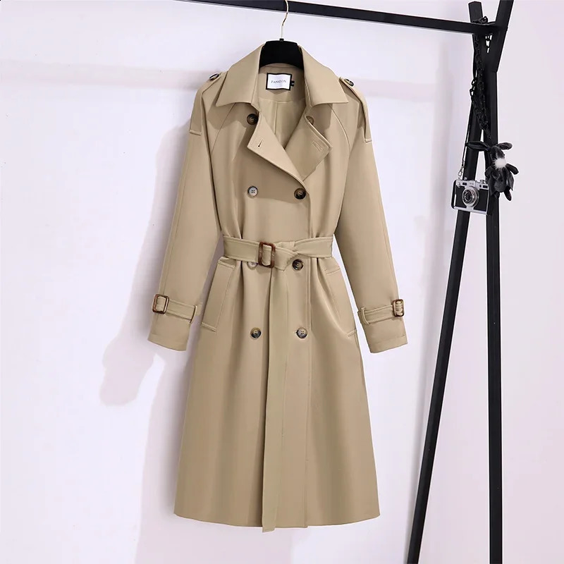 Trench Coat for Women Double Breasted British Coats and Jacket 2023 Winter Clothe Tie Waist Long 240820