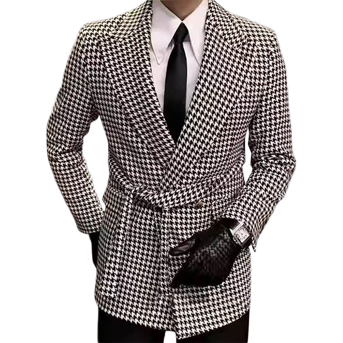 Fashion Men's Suit Casual Peaked Lapel Tailored Blazers with Belt Houndstooth Groom Jacket For Man Custom Made Coat Plus Size