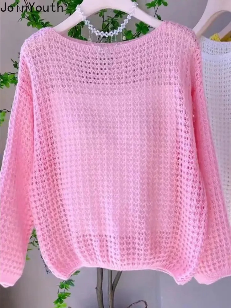 Fashion Tops Womens Handle Long Sleeve OCollar Jumper Thin Hollow Knitted Cutting Sweater Suede Printing Machine 240821