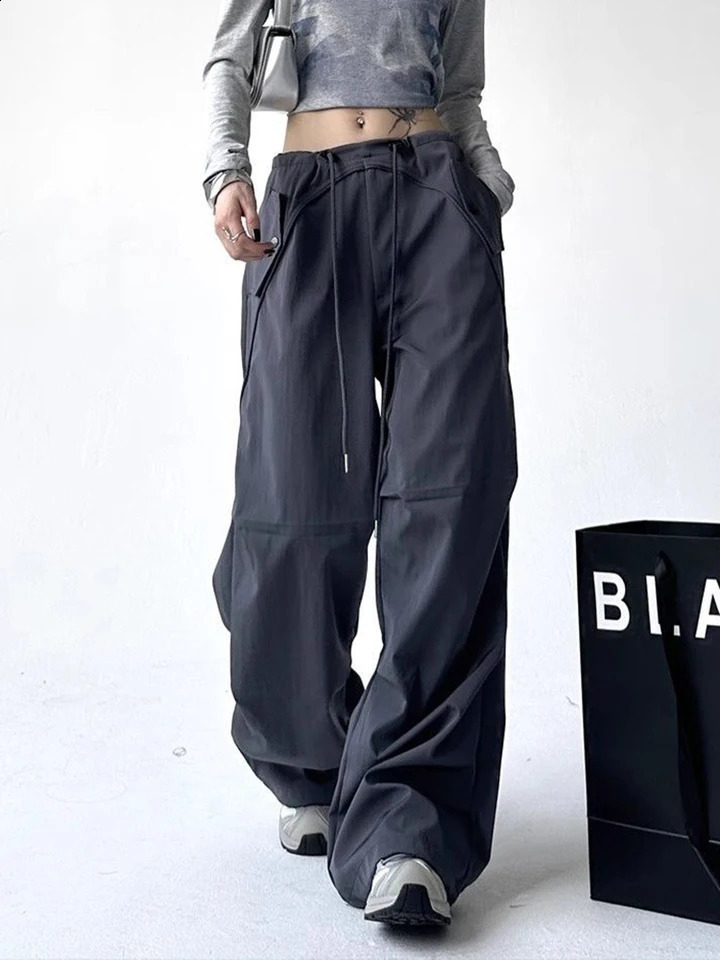 Zoki Y2K Harajuku Cargo Pants Women Streetwear High Waist American Retro Trousers Fall Casual Loose Lace Up Bf Wide Leg Pants 240821