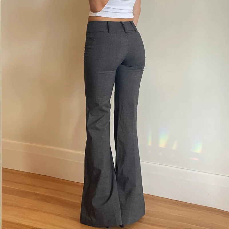 Rapcopter Grey Low Waist Pants Pockets Slim Flare Trousers Women Vintage Basic Casual Office Ladies Pants Harajuku 240821