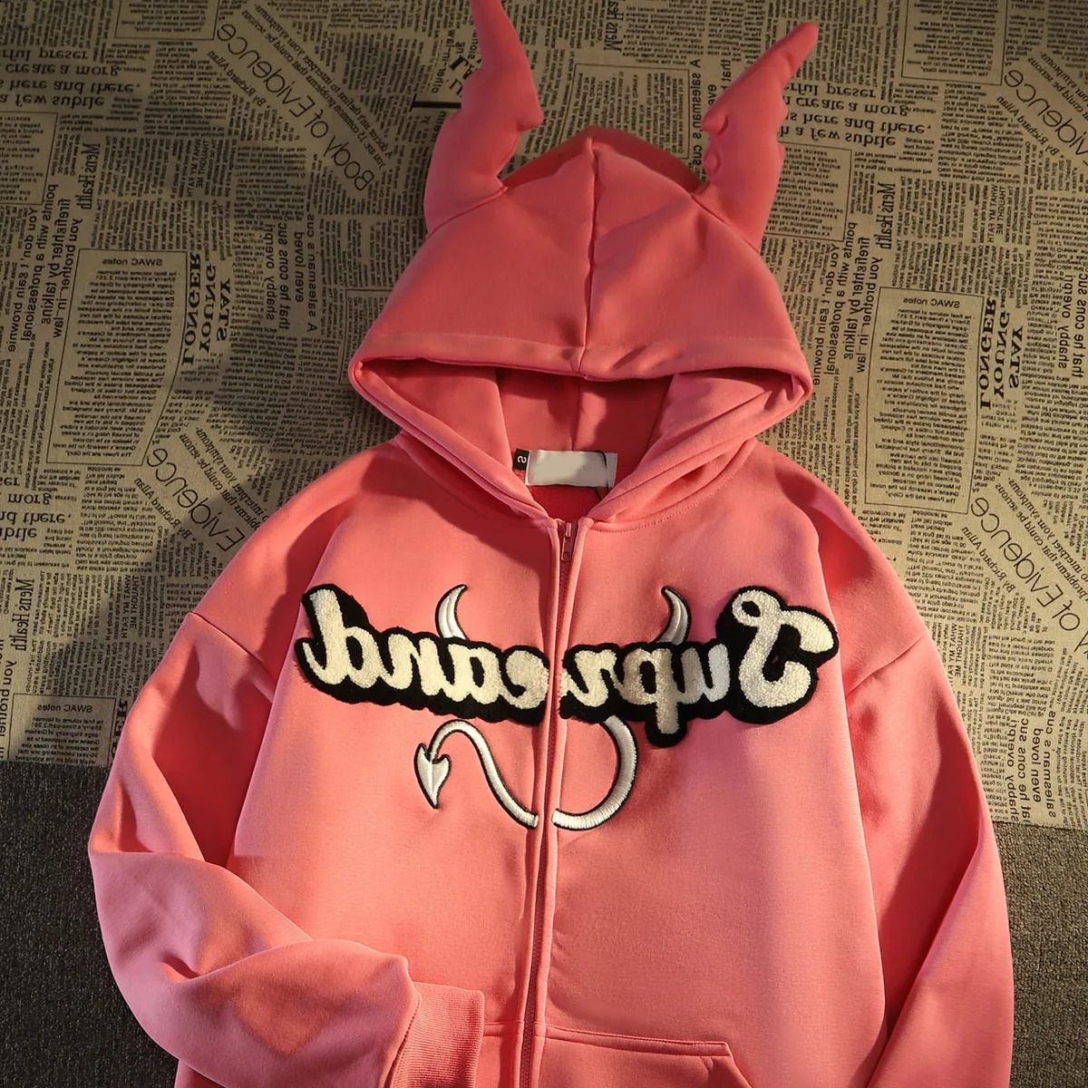 Harajuku Little Devils Corner Flocked Hoodies Women Sweet Cool Embroidery Jacket Couples Coat Oversized Streetwear Y2k Clothes 240821