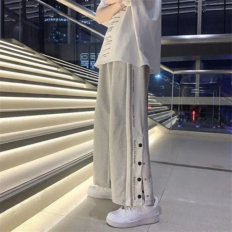 Side Button Jogger Wide Leg Pants Men Trousers Y2k Korea Style Hip-Hop Streetwear Harajuku Loose Womens Baggy Sweatpants 240822