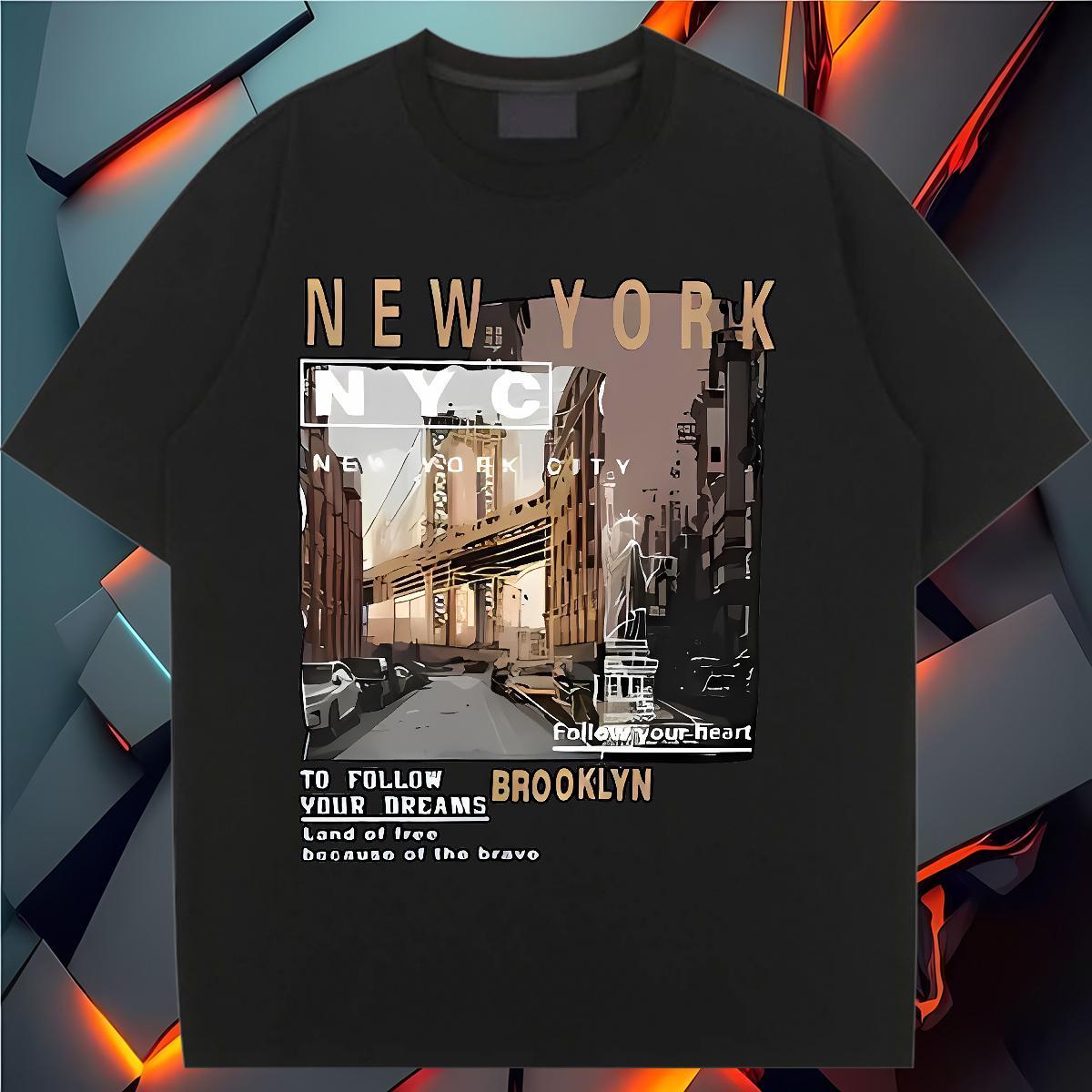 Brand Womens Tshirts 230g 100% Cotton New York Street Casual T Shirts Women Short Sleeve O-Neck Cartoon Print Tops Shirt