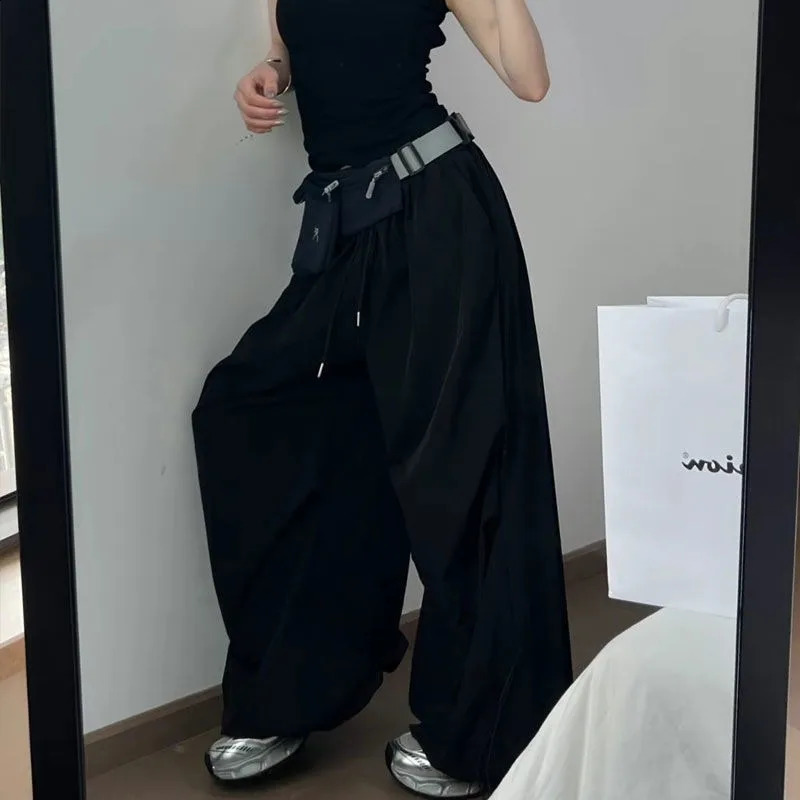Deeptown Y2k Grey Oversized Women Parachute Pants Wide Leg Korean Fashion Harajuku Baggy Sweatpants Grunge Vintage Trousers 240821