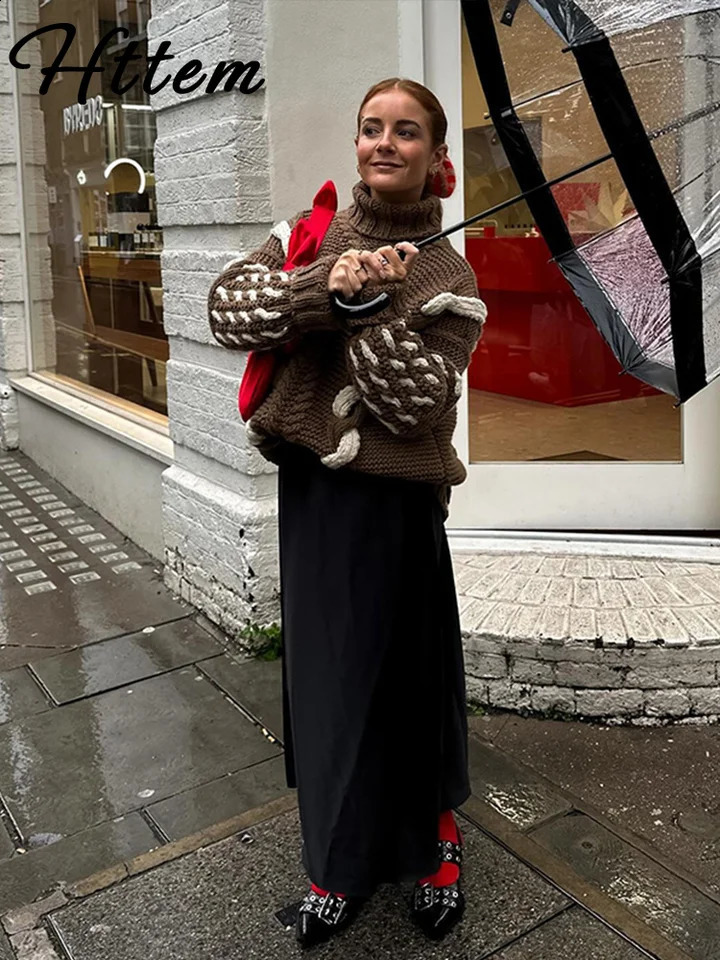 Lazy High Neck Knit Pullover Women Loose Kink Contrast Long Sleeve Sweater Female 2024 Autumn Lady All Match Jumpers 240821