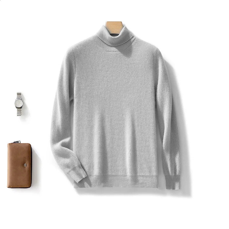 Autumn and winter 100% pure wool mens turtle neck solid color plus size cashmere sweater fashionable bottom 240821