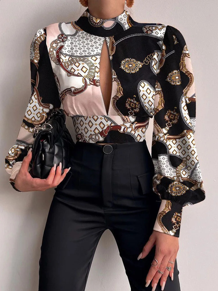 Spring womens sexy backless hollow printed shirt top casual standing long sleeved office fashionable party crop 240822
