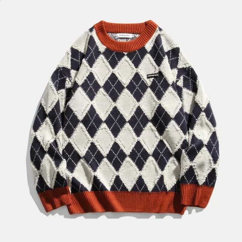 Knit Sweater Male Pullovers Spliced Mens Clothing Icon Plaid Argyle Korean Style Warm Trend Baggy Thick Winter A Cotton X 240821