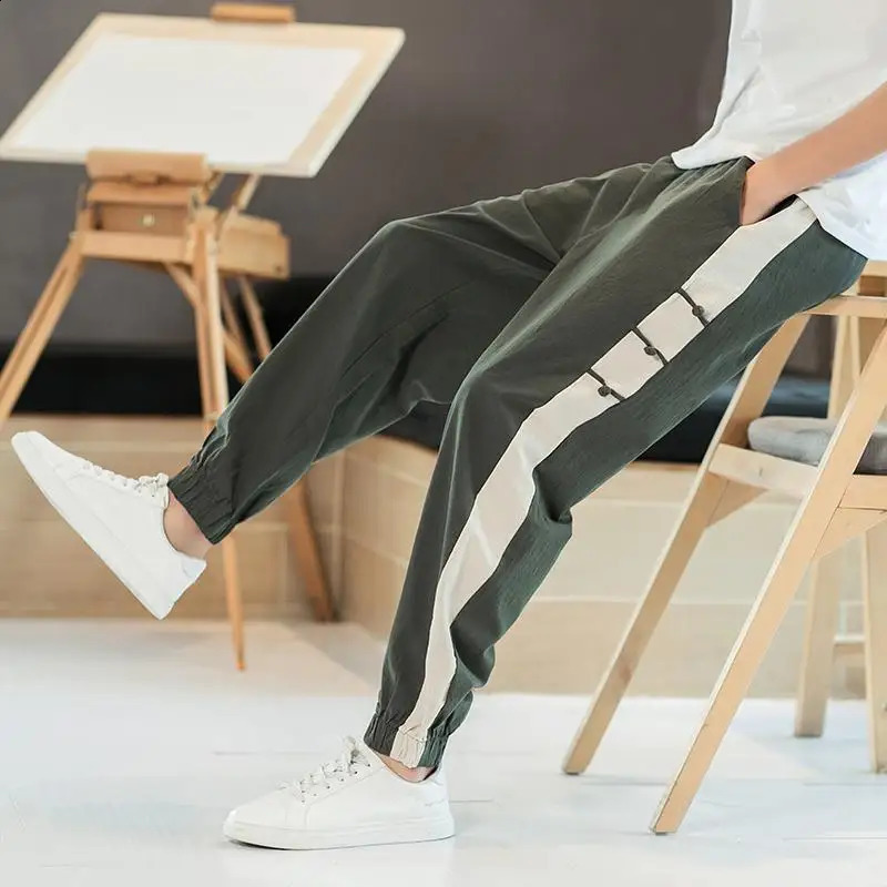 Summer Loose Breathable Chinese Style Cotton Linen Casual Haren Pants Mens Patchwork Pockets Straight Vintage Sports Trousers 240822
