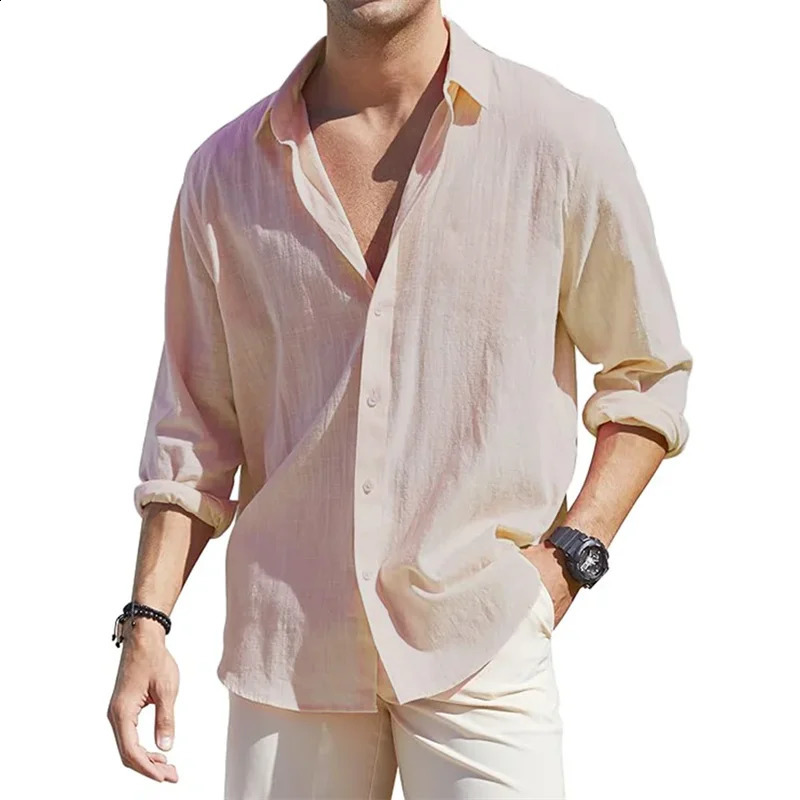 European and American mens loose long sleeved linen shirt mens business casual button up shirt lightweight and breathable va 240822
