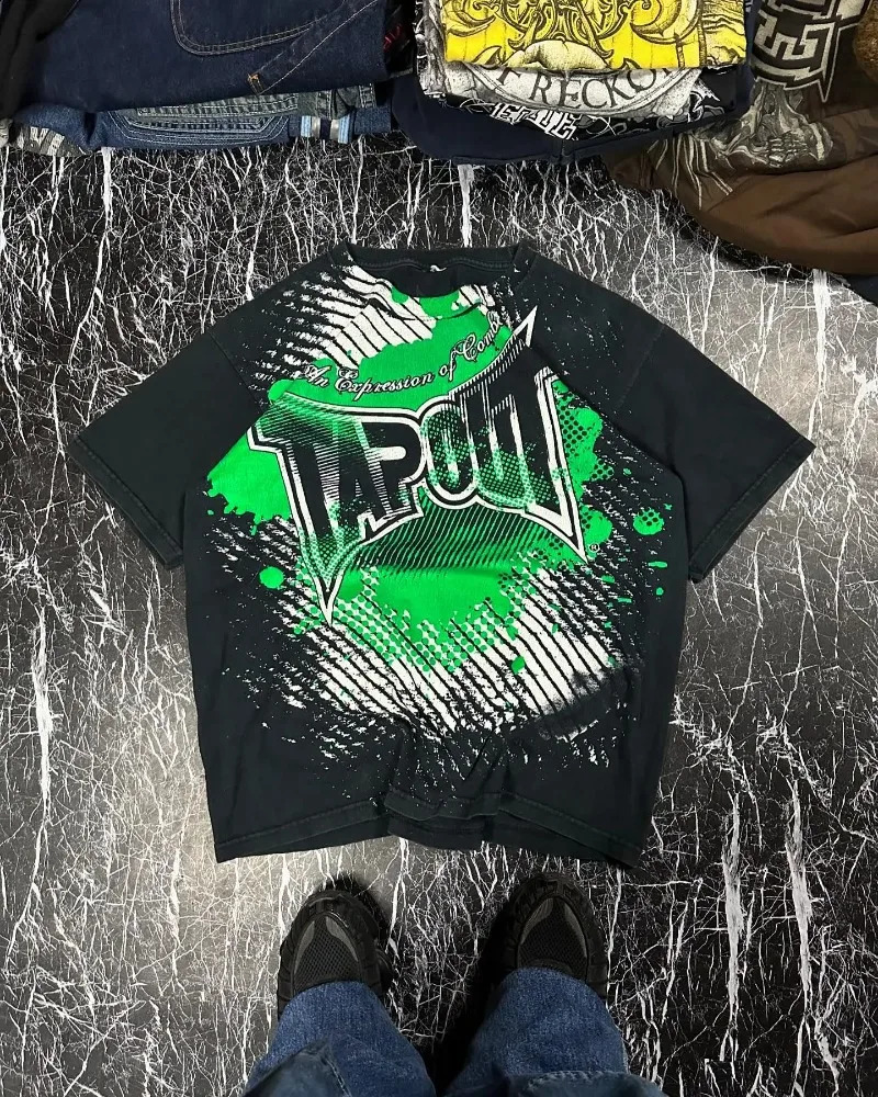 Y2K retro Tshirt hiphop round neck oversized mens short sleeved gothic clothing top fashionable streetwear 240821
