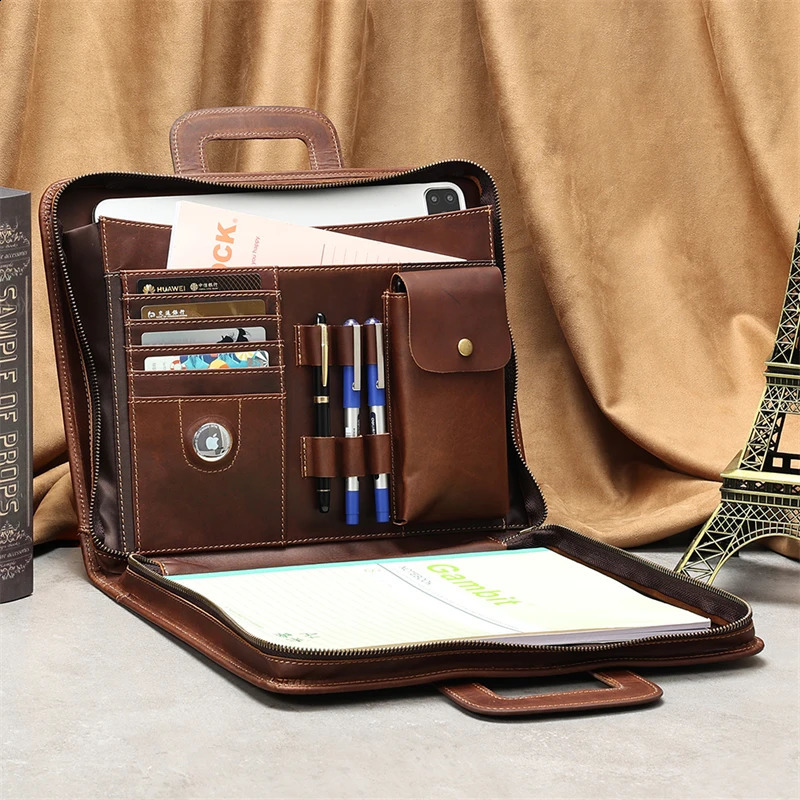 High Quality Vintage A4 Brown Crazy Horse Genuine Leather Executive Office Women Men Briefcase Handbag Portfolio Bag M2215 240821