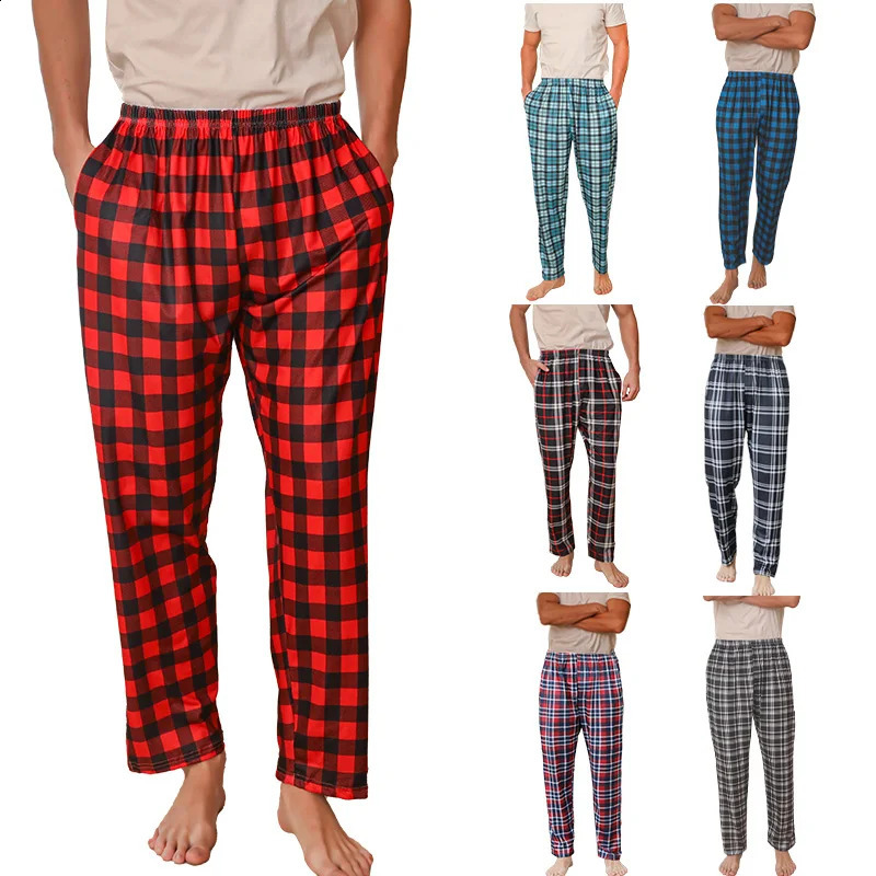 Mens spring and autumn checkered printed casual oversized thin pajamas and pants with pockets available in various colors 240822