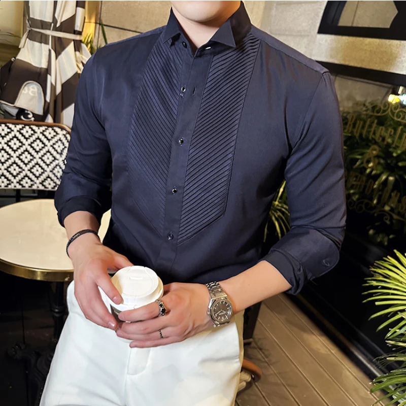 Mens Long-Sleeved Business Organ Pleated Shirt Royal Blue Banquet Gentleman Dress French Wing Collar Shirt 240822
