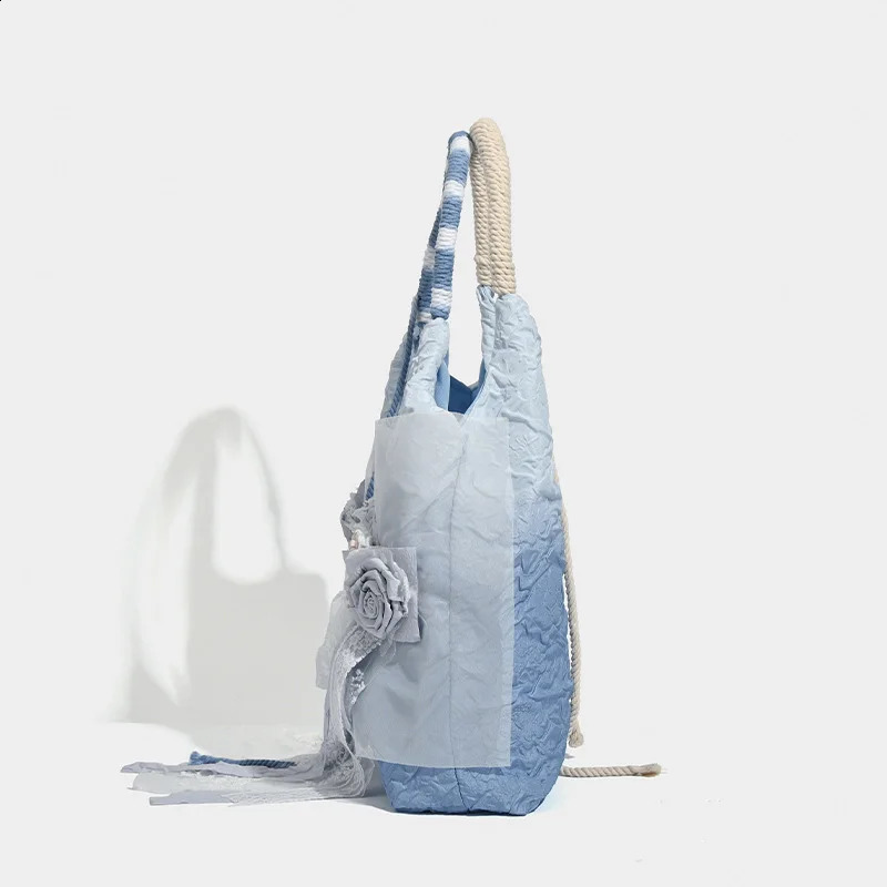 JIOMAY-Blue Vintage Large Capacity Tote Bag For Women Tie-dyed Fabric Accessory Rose Shoulder Bags High Quality Lace Handbag 240821