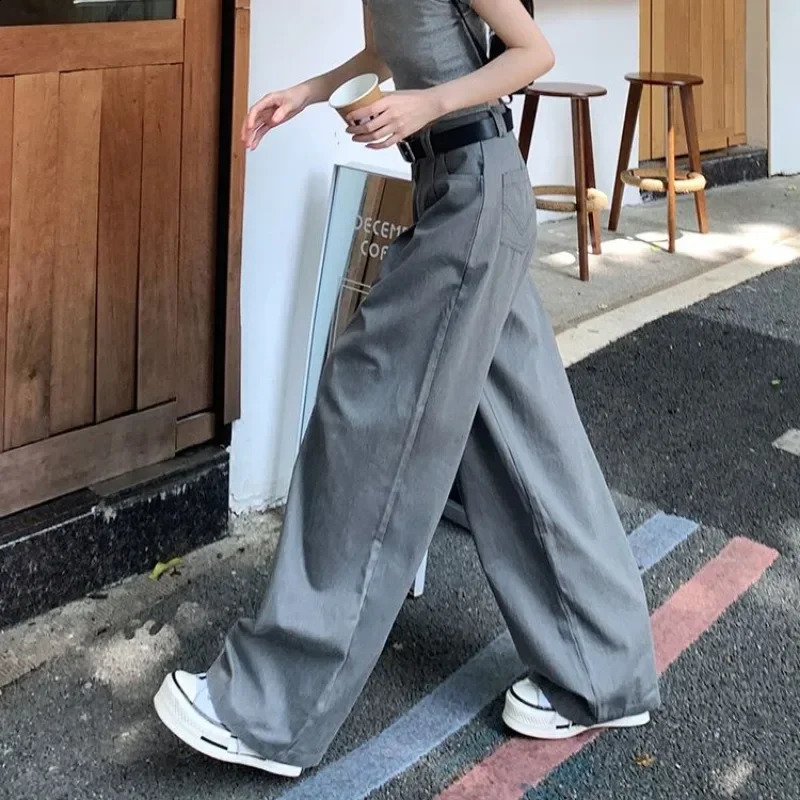 Deeptown Gray Vintage Suit Pants for Women Oversized Elegant Korean Fashion Slack Classic Trousers Office Ladies Palazzo Loose 240821