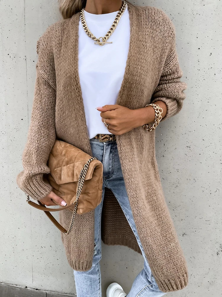 Vneck long sleeved patched work sweater womens solid loose coat for autumn and winter casual elegant Maxi cardigan 240821