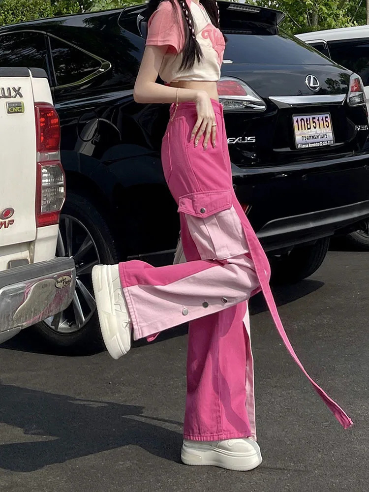 Pink Women Cargo Pants Loose Baggy Pants Korean Fashion High Waist Trousers Moda Pantalones Anchos Y Sueltos Mujer 240821