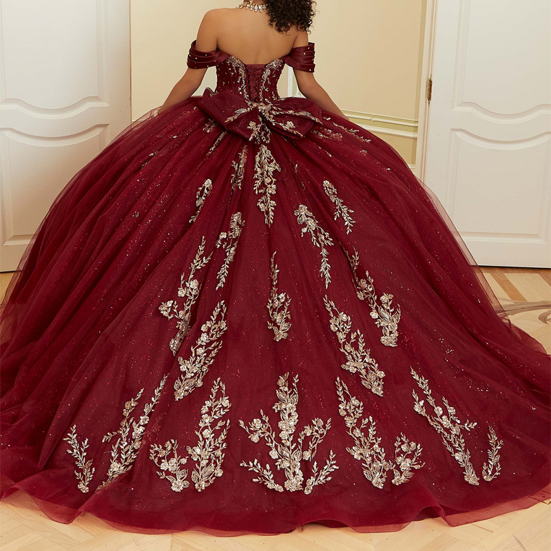 Red Glitter Princess Ball Gown Quinceanera Dresses Gold Lace Appliques Crystals Beads Tull Prom Party Sweet Dress Vestidos De Anos I