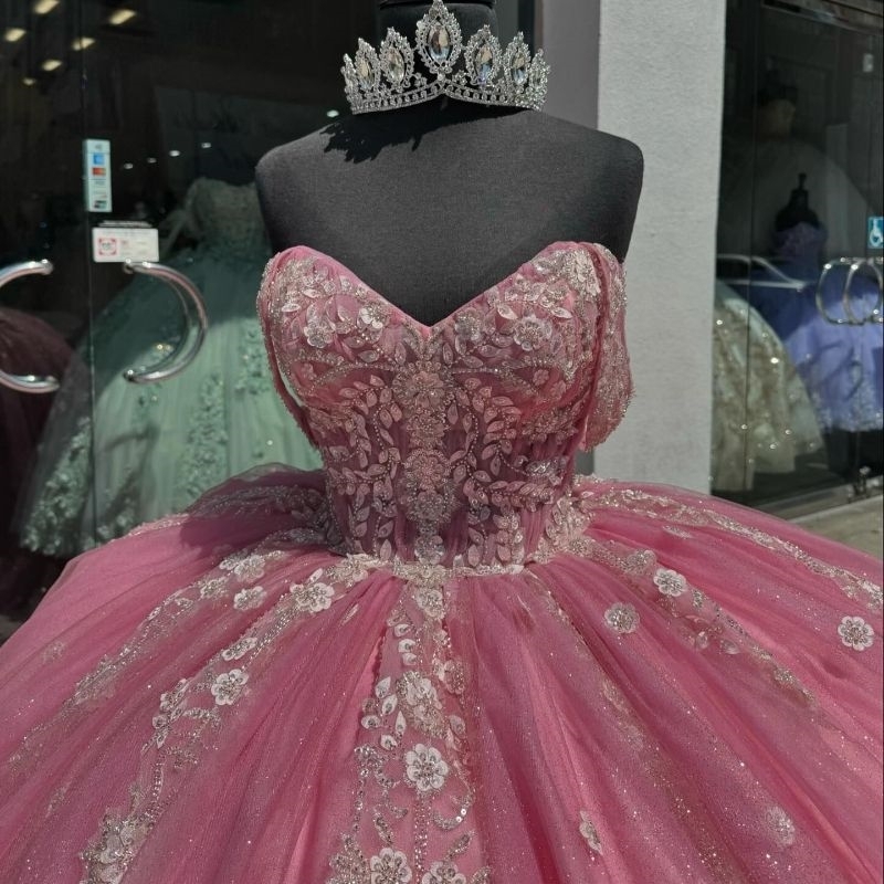 Pink Shiny Princess Quinceanera Dresses Off The Shoulder Applique Lace Beads Tull Corset Sweet 16 Dress Vestidos De 15 Anos Birthday
