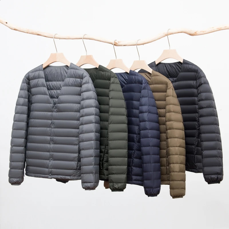 born matte fabric ultra light down jacket mens Vneck ultrathin windproof portable lightweight warm lining 240822