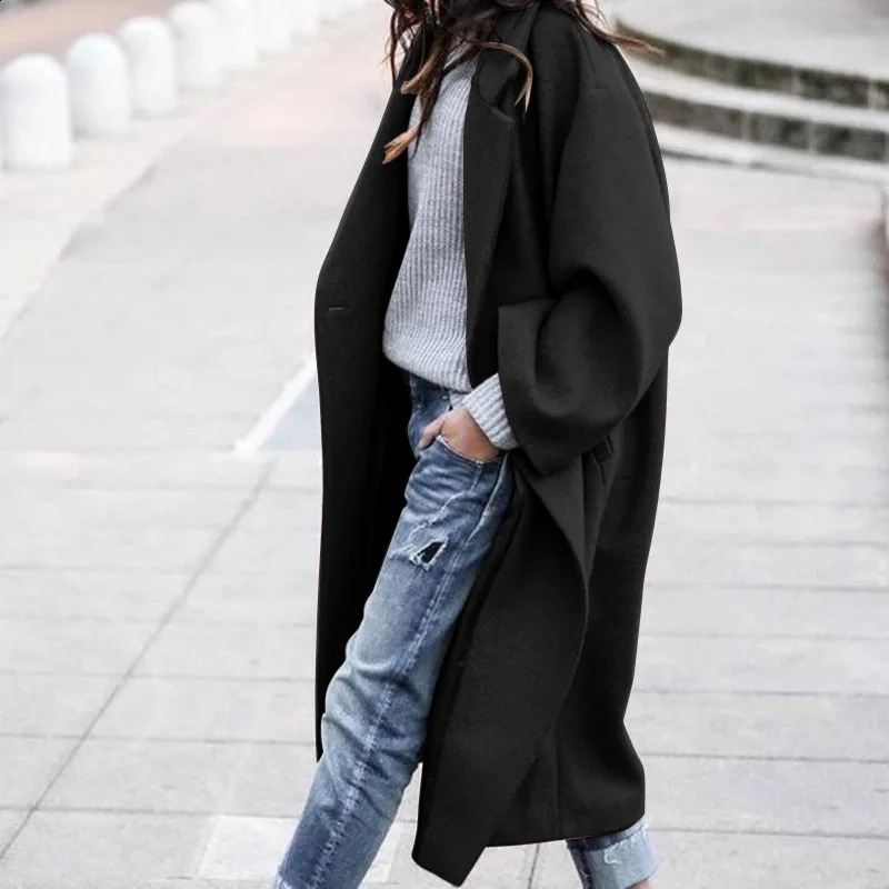Simple Windbreaker Jacket for Women Fashion Korean Autumn Winter Thermal Lapel Woolen Trench Coat Large Size Loose Overcoat 240822