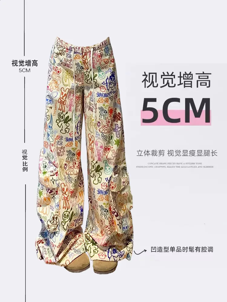 Womens Graphic Print Cargo Pants Y2k 2000s Streetwear Vintage Loose High Waist Trousers Harajuku Wide Pants Aesthetic Clothes 240821