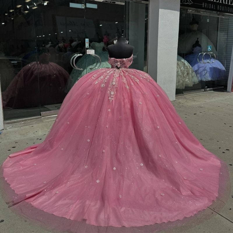 Pink Shiny Princess Quinceanera Dresses Off The Shoulder Applique Lace Beads Tull Corset Sweet 16 Dress Vestidos De 15 Anos Birthday
