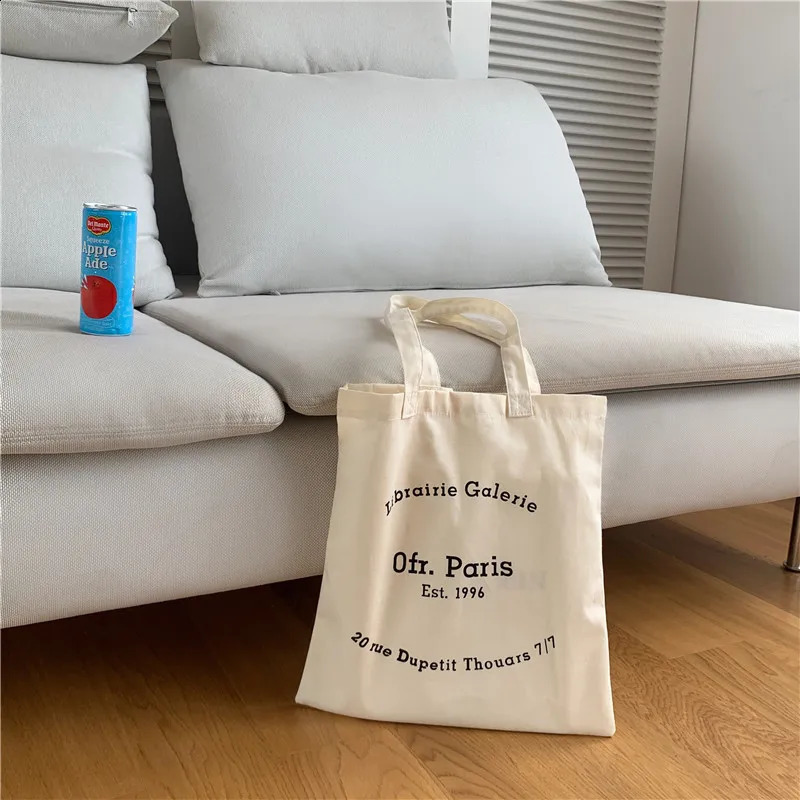 Women Canvas Shoulder Bag Paris Letter Print Ladies Casual Handbag Tote Bag Reusable Large Capacity Cotton Shopping Beach Bag 240821