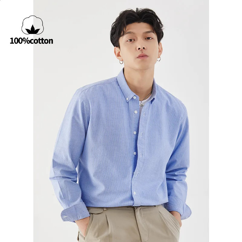 Mens striped oxford cloth long-sleeved shirt. Autumn business casual loose 100% cotton shirt.Breathable durableS-3XL 240822