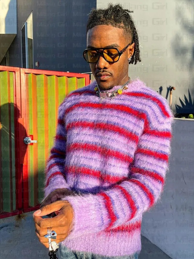 Y2k Purple Striped Japanese Mens Sweater Hip Hop Warm Street Clothing Harajuku La Hua Autumn Womens Extra Large Knitted 240821