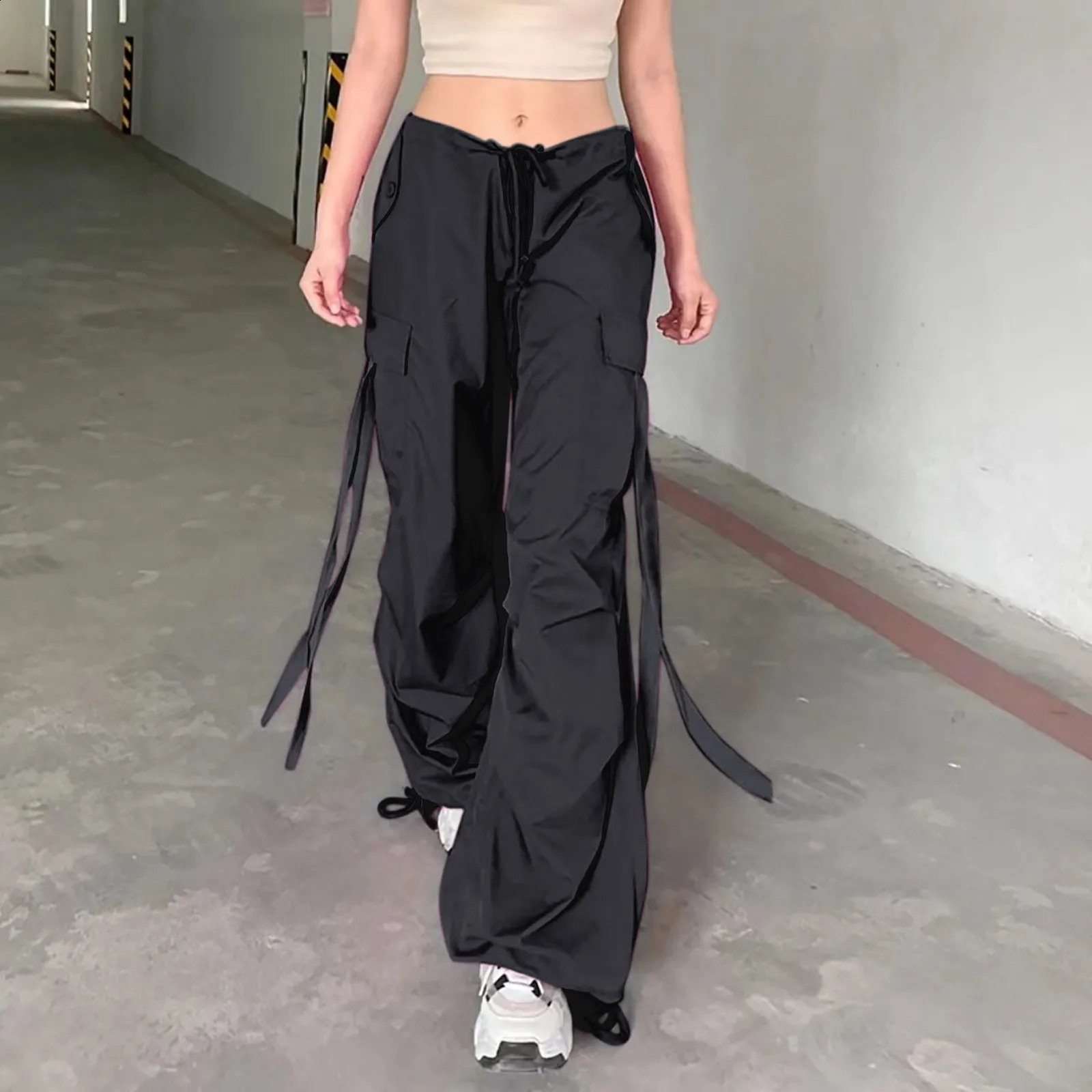 Y2k Cargo Pants Womens Sweatpants Drawstring Ribbon Low Rise Japanese 2000S Hip Hop Streetwear Clothes Baggy Parachute Pants 240821