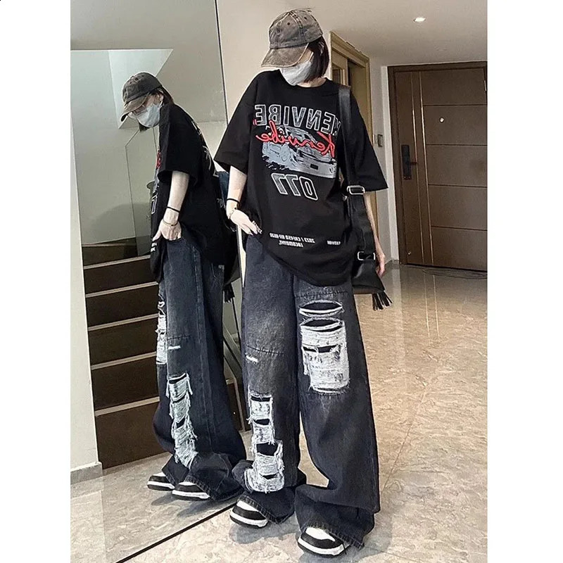 Xpqbb Harajuku Vintage Y2K Jeans for Women American High Street Hole Baggy Denim Pants Female Teens Hip Hop Wide Leg Trousers 240822
