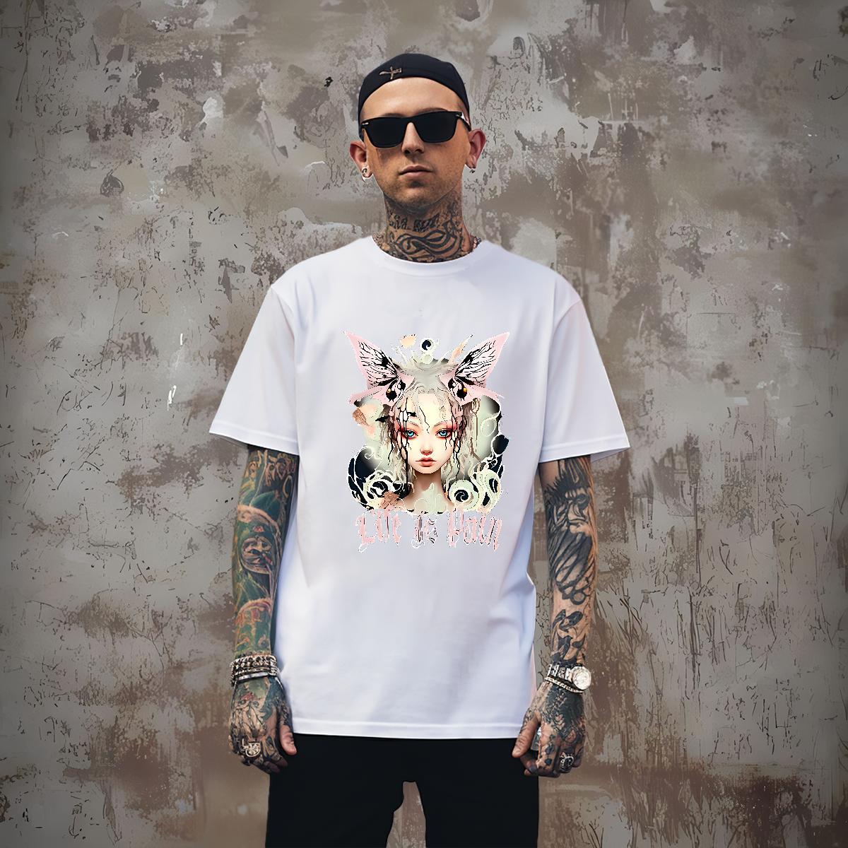 TOP Quality Butterfly Girl T Shirt For Man Daily Wear Men Tees 230g Cotton Factory Direct Crew Neck Custom Anime Top Tees