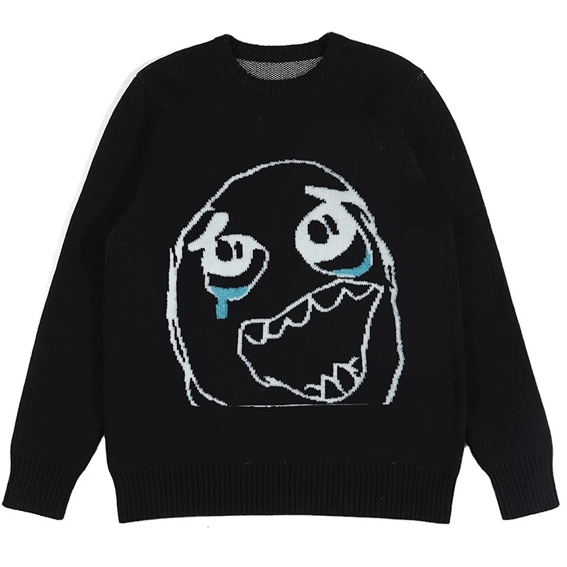 Men Casual Streetwear Sweater Retro Painting Anime Funny Crying Facial Spoof Hip Hop Knitted Graphic Vintage Pullover 240821