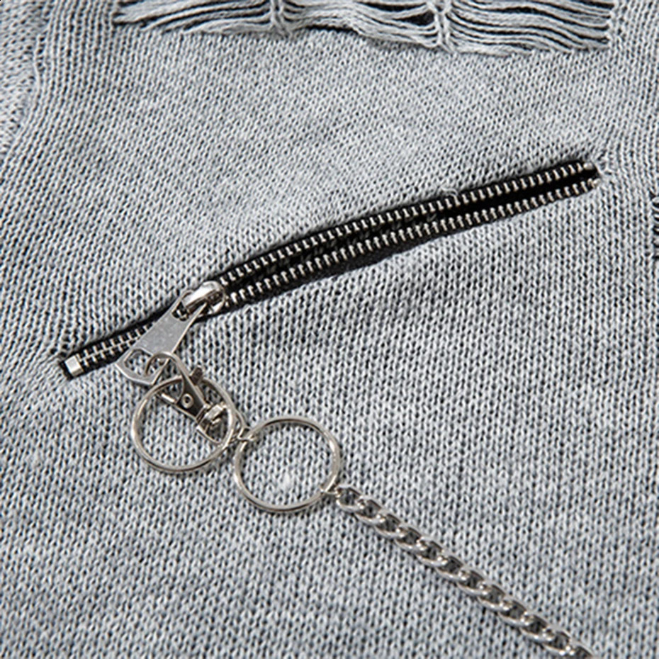 Mens punk sweater with zipper chain loose cardigan hiphop oversized Harajuku knitted pullout jumper black gray 240821