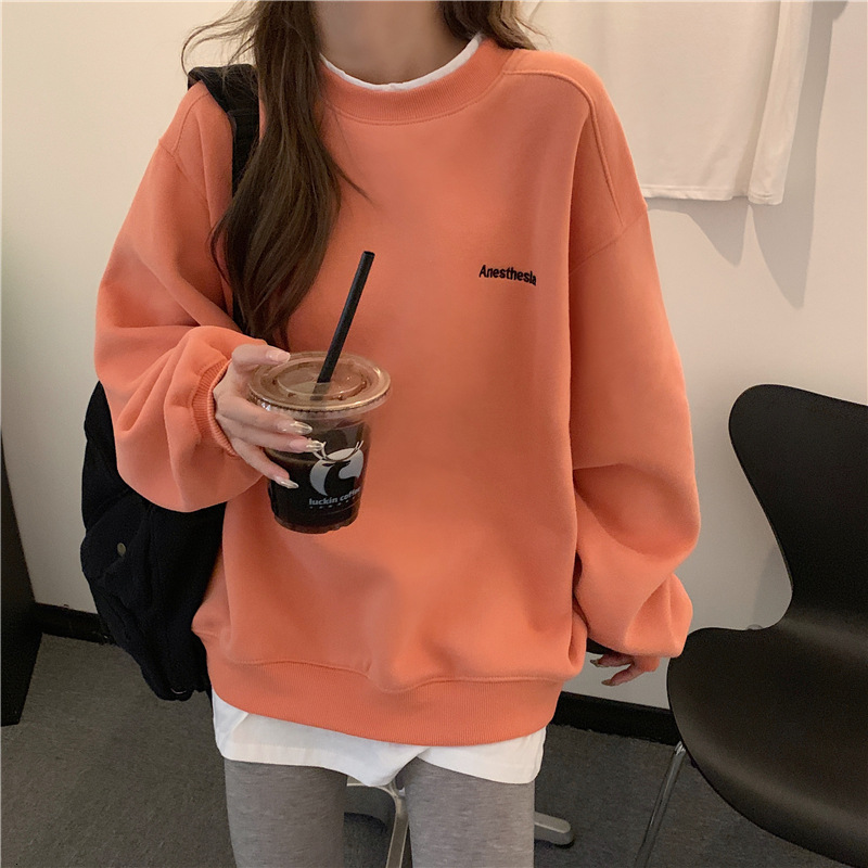 autumn and winter new college letter embroidery fake two-piece hoodie women's long sleeved pullover BF style loose top trend dongdumaoyi