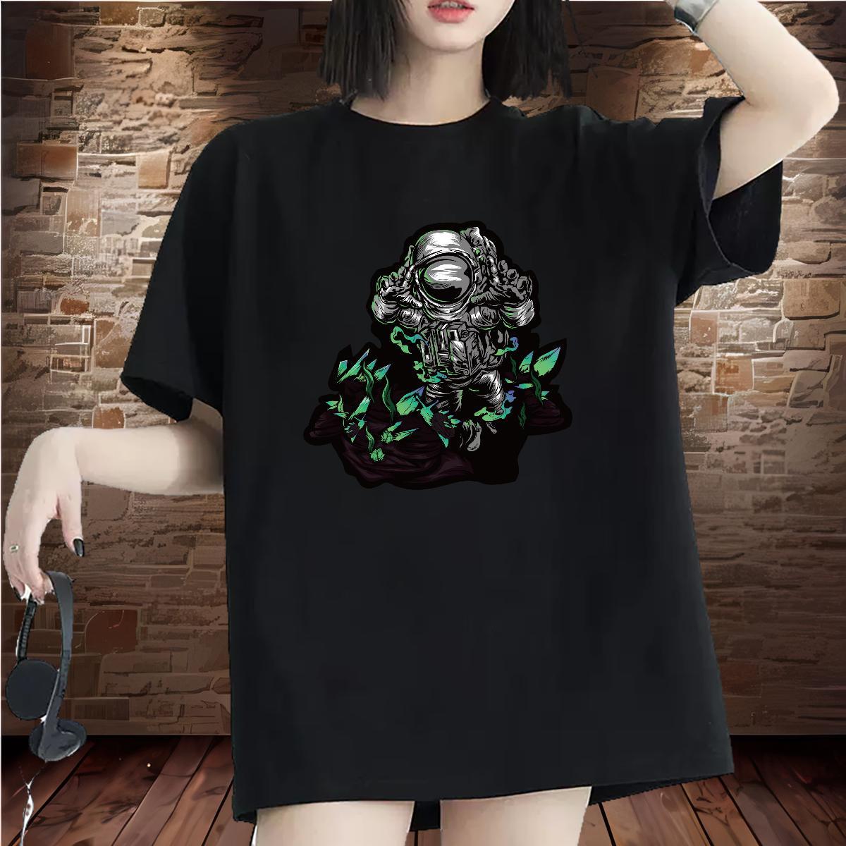 5A Woman Tshirt 100% Cotton 230g cosmonaut Home Outdoor T-Shirts for Women Breathable Crew Neck White Plus Size Clothes Shirt