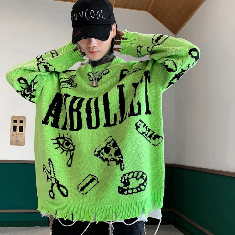 Autumn and Winter Extra Large Sweater Mens Harajuku Hip Hop Punk Tear Hole Pulling Green Black Orange Jersey Unprinted Good Product 240821