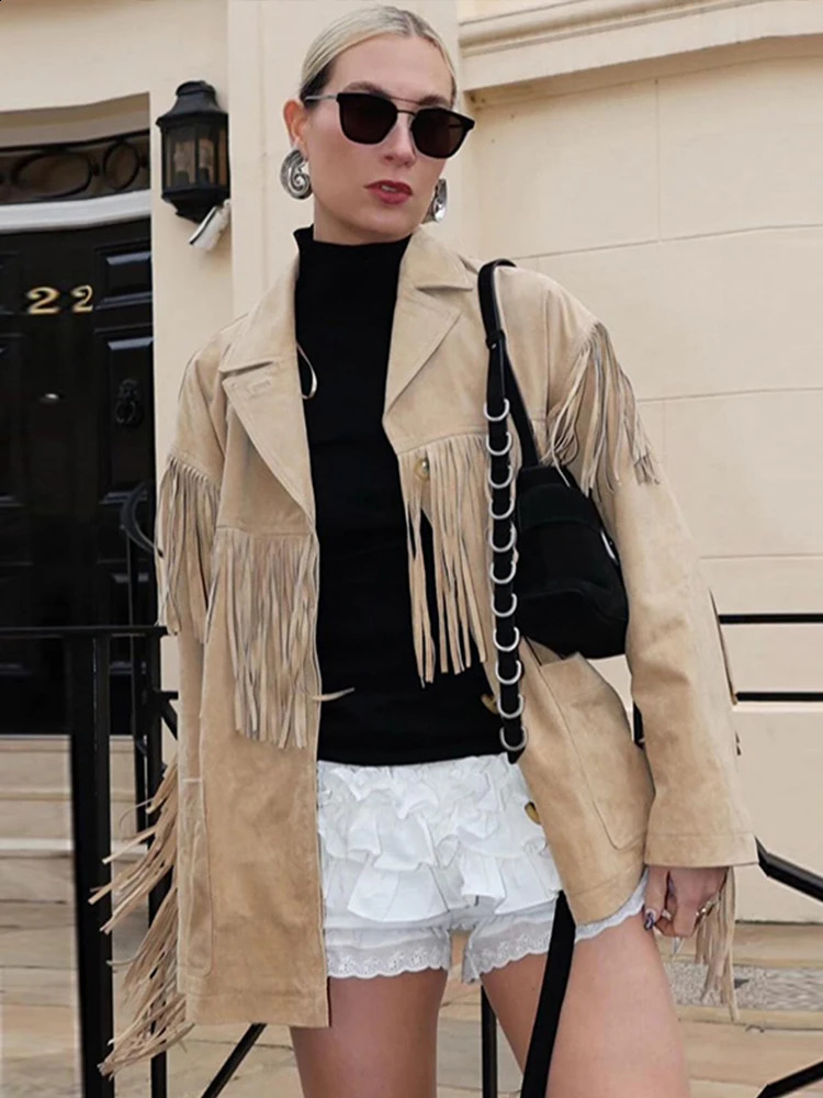 Retro Tassel Lapel Jackets Women Casual Long Sleeve Single-Breasted Jacket Coats With Pockets Female Autumn High Street Outwear 240821