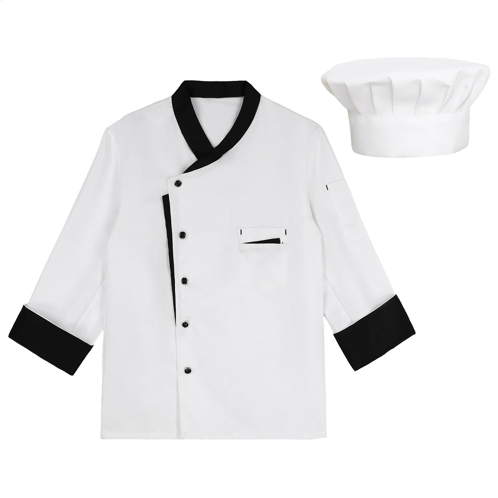 Unisex Mens Womens Chef Jacket Long Sleeve Contrast Color Coat Restaurant Kitchen Cooking Apparel Work Wear Uniform with Hat 240814