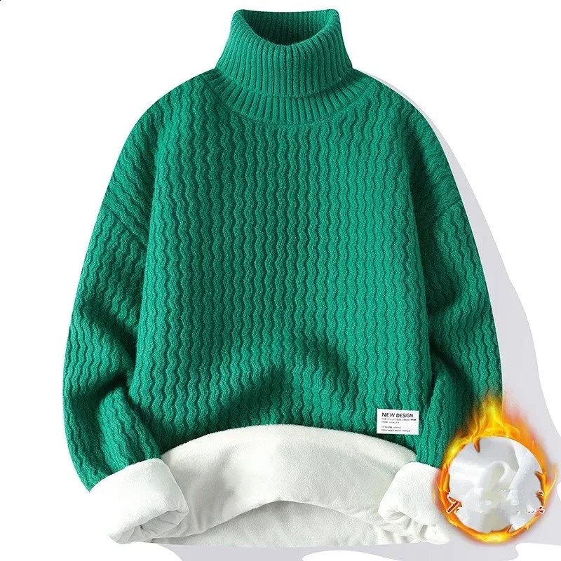 Winter Fleece Turtleneck Sweater Men Warm Knit Pullovers Mens Casual Knitted Sweaters Solid Color Turtleneck Knitwear Man 240821