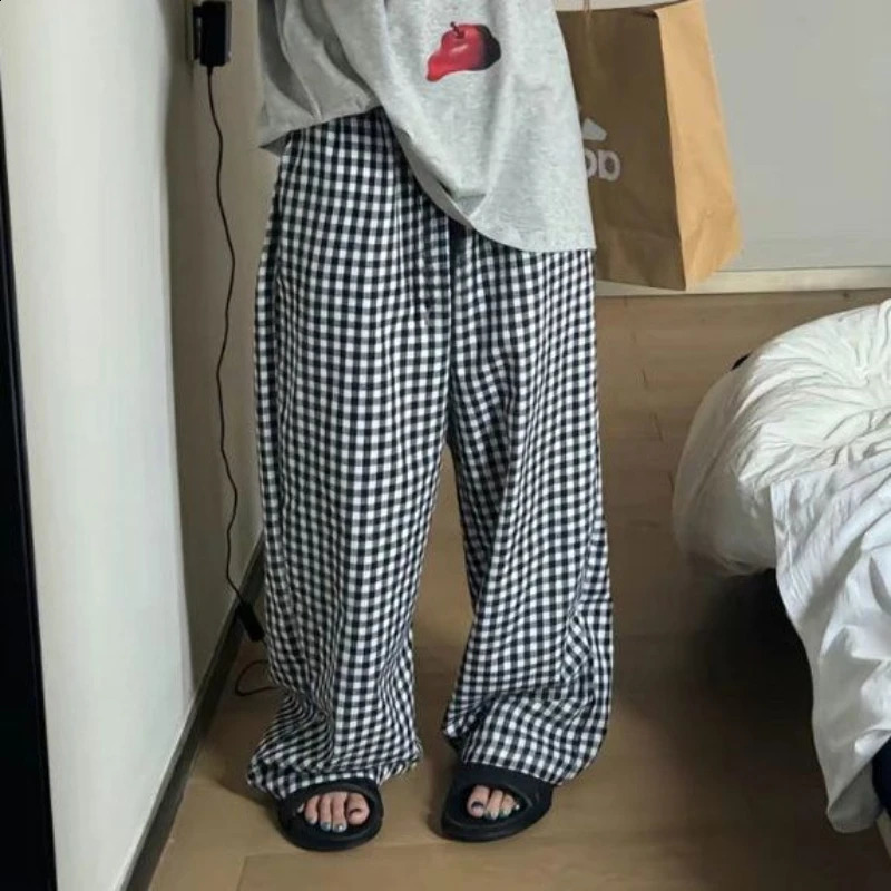 QWEEK Vintage Plaid Y2k Pants Woman Casual Harajuku Oversized Trousers Korean Fashion Wide Leg Summer Japanese 2000s Pockets 240821